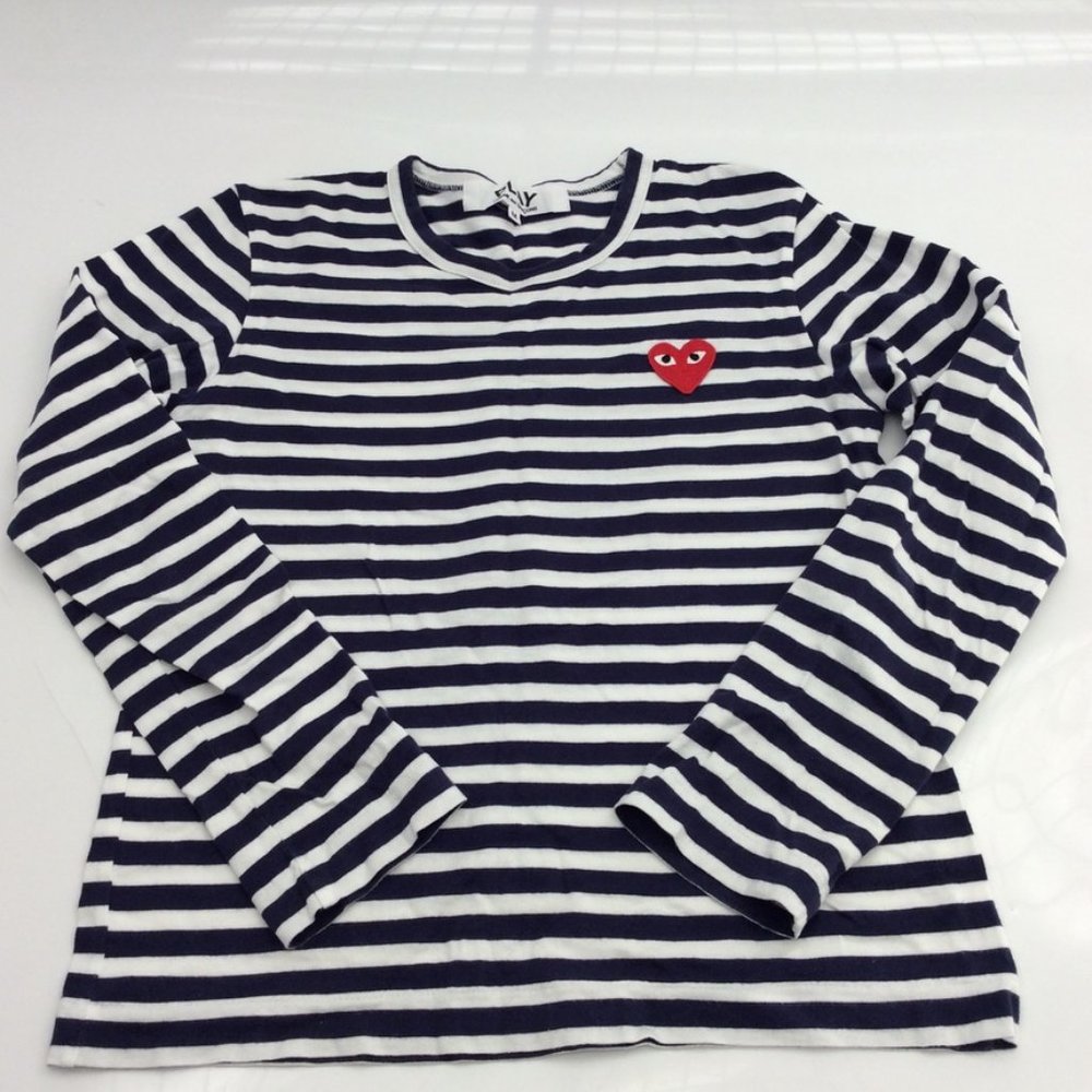 Comme des Garcons PLAY Blue/White Little Heart Long Sleeve Striped T-shirt